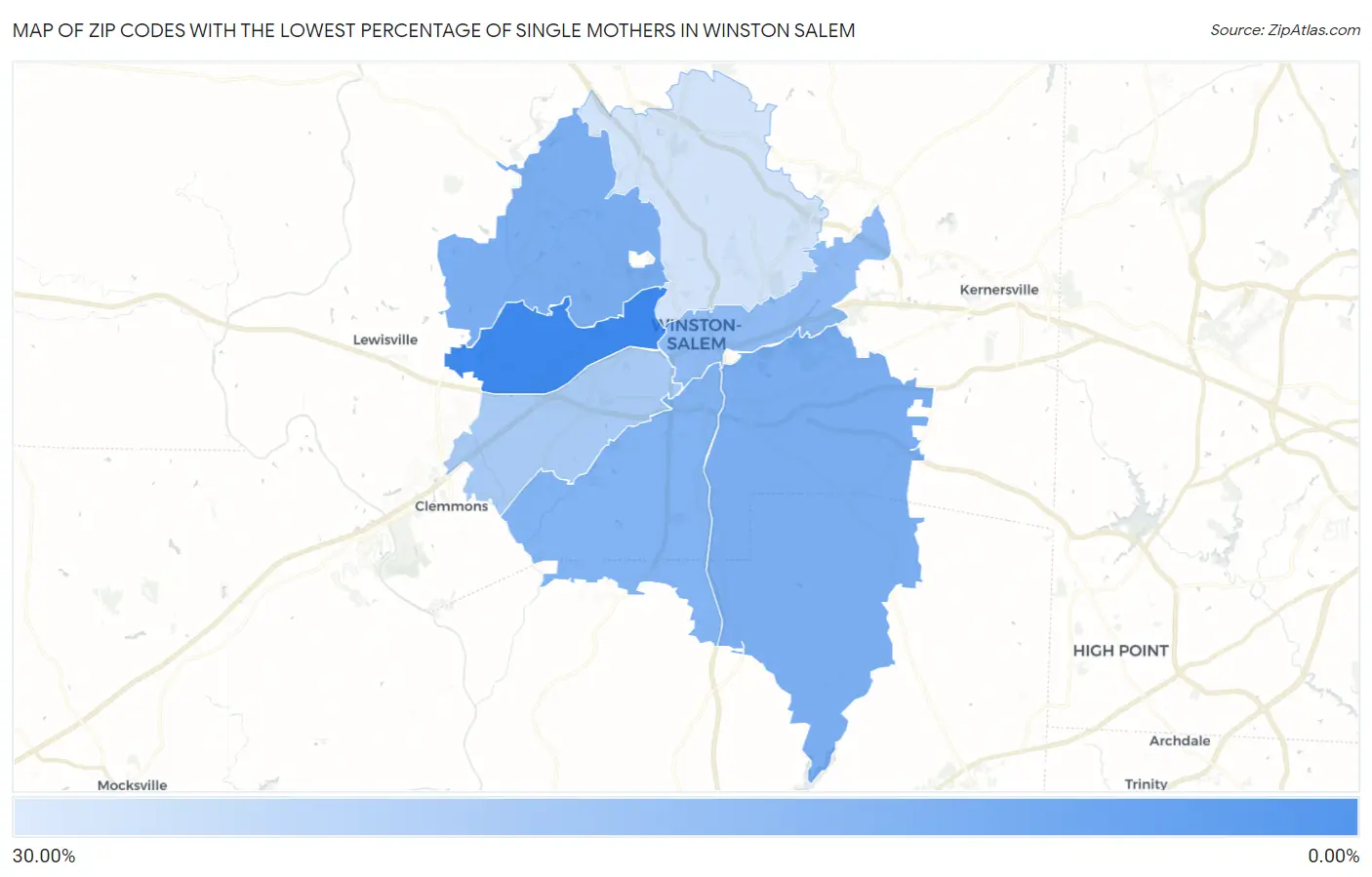 Zip Codes with the Lowest Percentage of Single Mothers in Winston Salem Map