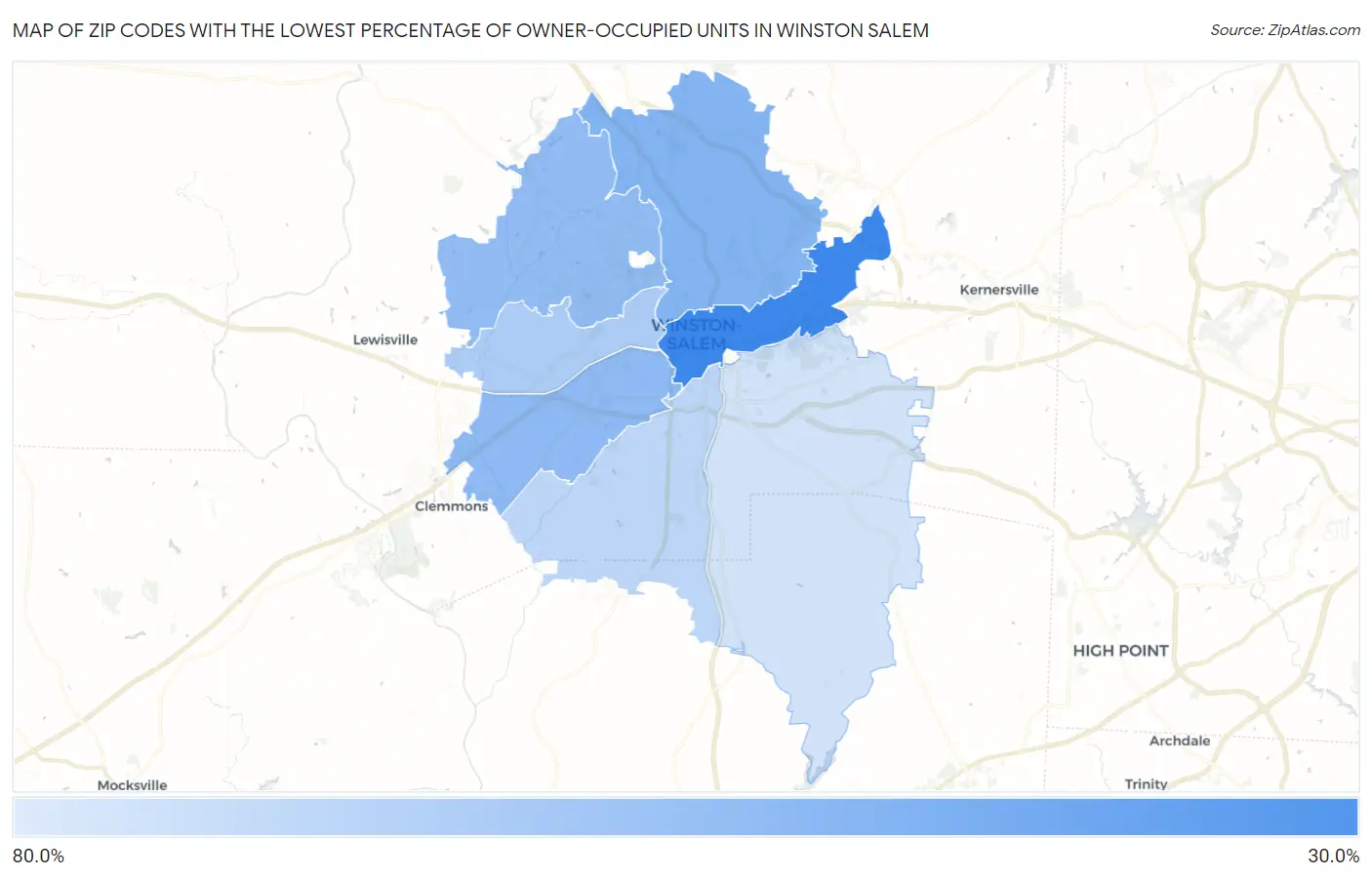 Zip Codes with the Lowest Percentage of Owner-Occupied Units in Winston Salem Map