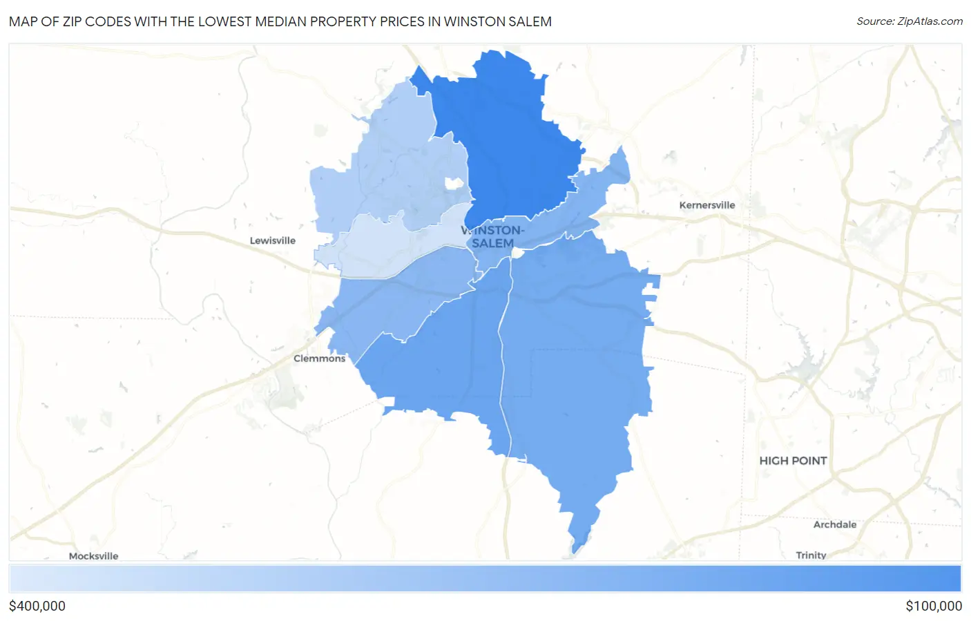 Zip Codes with the Lowest Median Property Prices in Winston Salem Map
