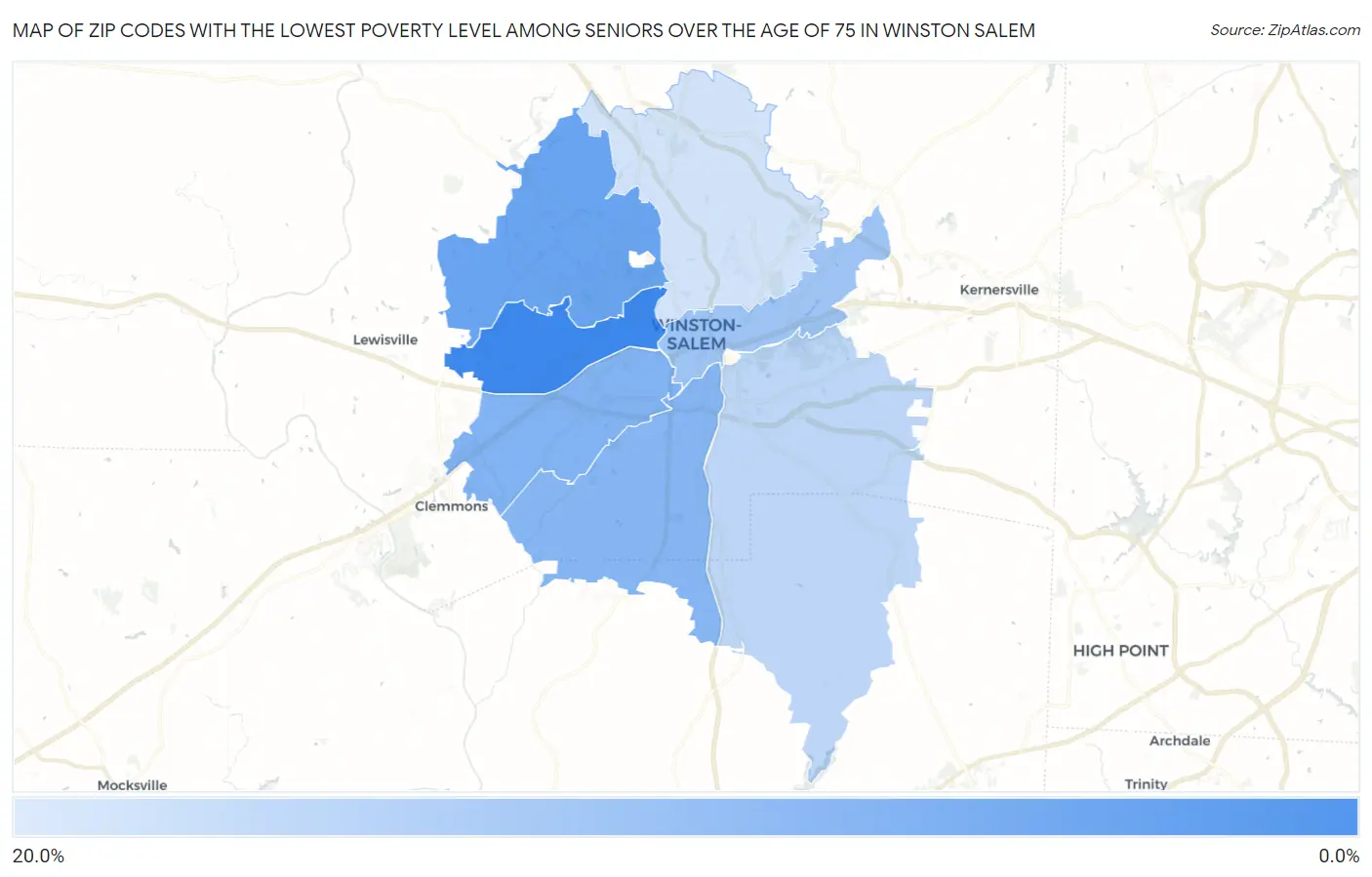 Zip Codes with the Lowest Poverty Level Among Seniors Over the Age of 75 in Winston Salem Map