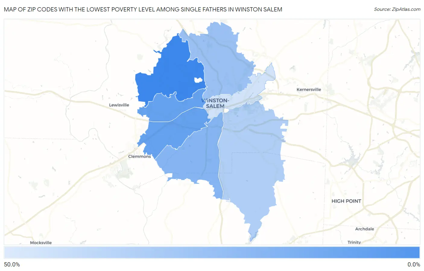 Zip Codes with the Lowest Poverty Level Among Single Fathers in Winston Salem Map