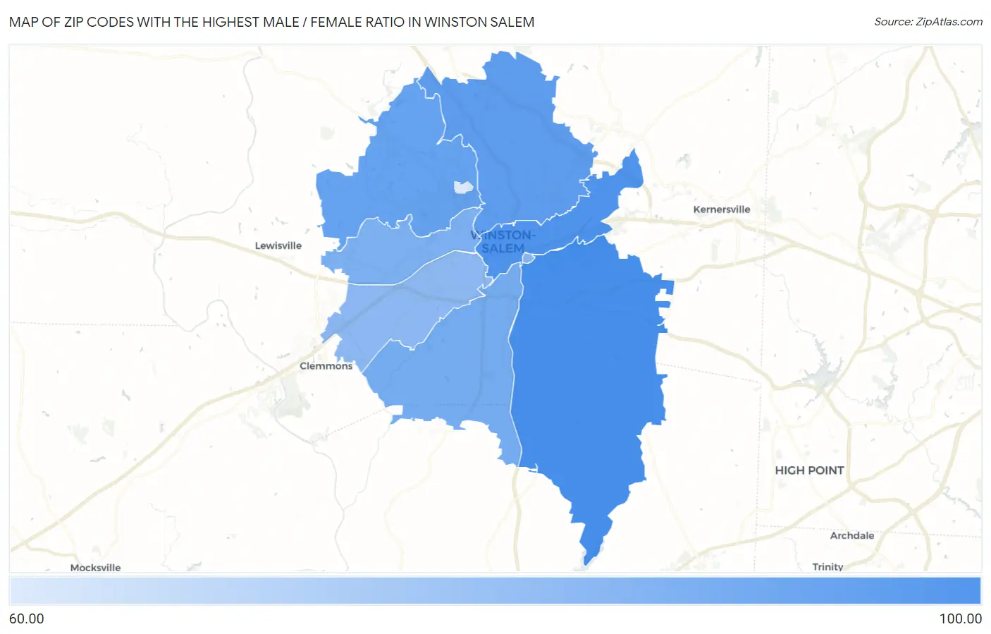 Zip Codes with the Highest Male / Female Ratio in Winston Salem Map