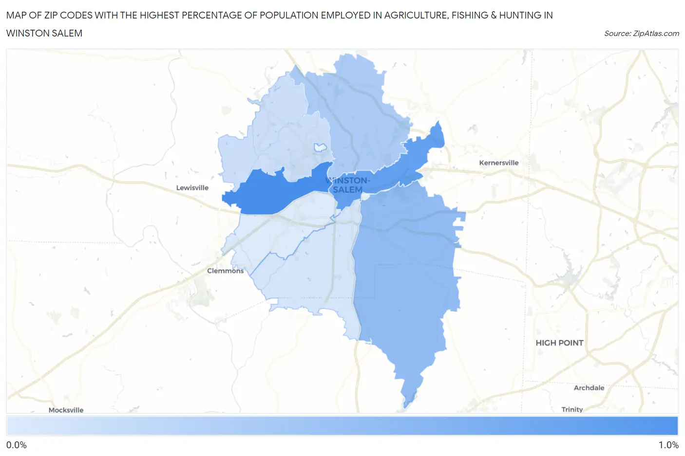 Zip Codes with the Highest Percentage of Population Employed in Agriculture, Fishing & Hunting in Winston Salem Map
