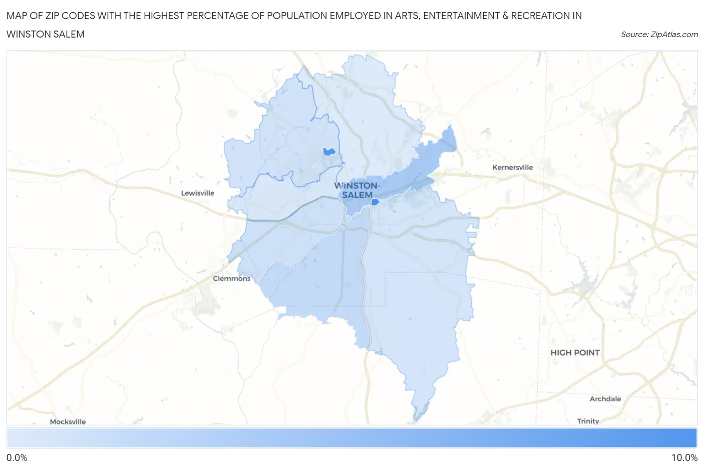 Zip Codes with the Highest Percentage of Population Employed in Arts, Entertainment & Recreation in Winston Salem Map