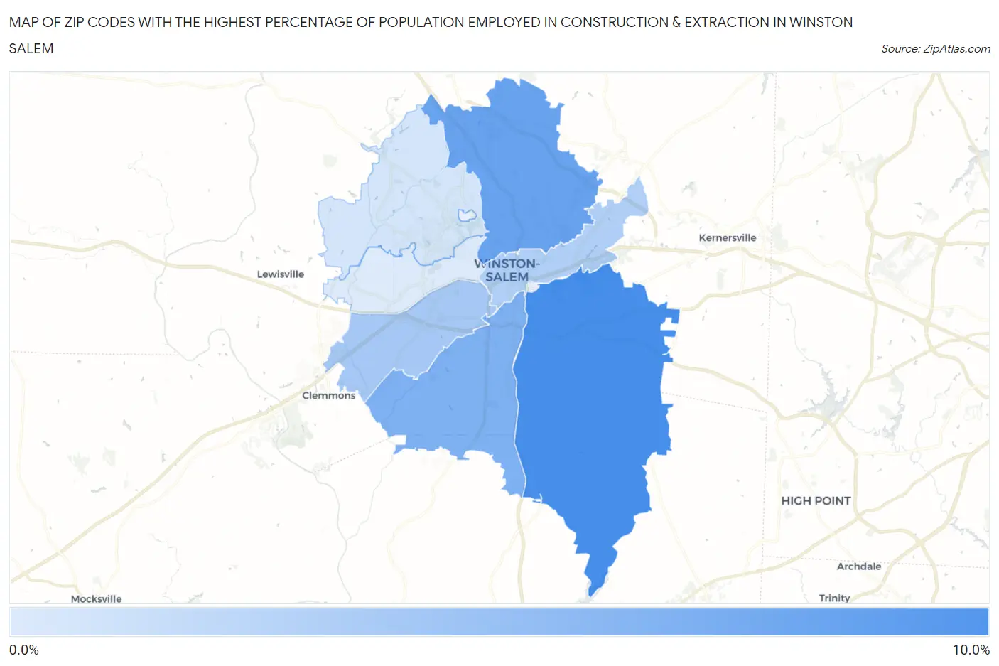 Zip Codes with the Highest Percentage of Population Employed in Construction & Extraction in Winston Salem Map