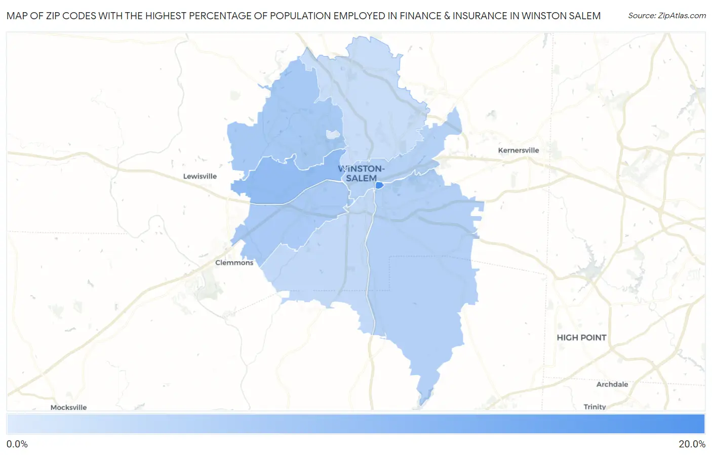 Zip Codes with the Highest Percentage of Population Employed in Finance & Insurance in Winston Salem Map