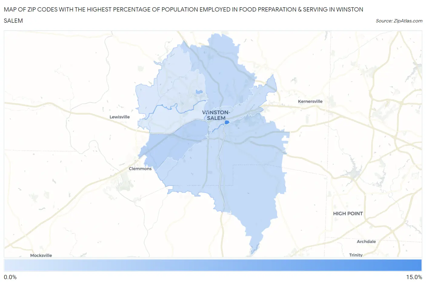 Zip Codes with the Highest Percentage of Population Employed in Food Preparation & Serving in Winston Salem Map