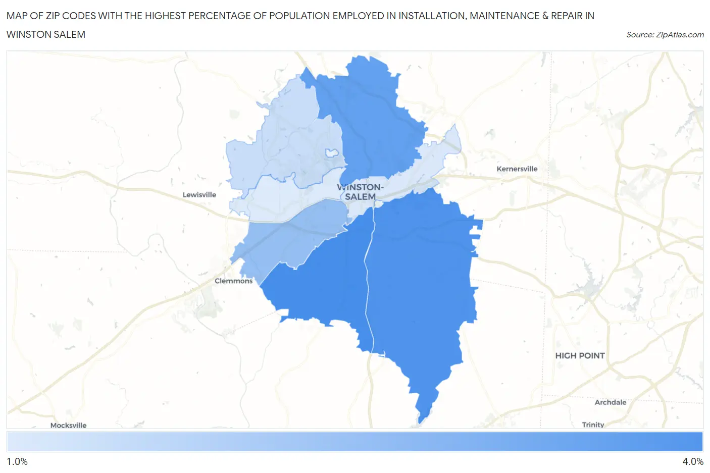 Zip Codes with the Highest Percentage of Population Employed in Installation, Maintenance & Repair in Winston Salem Map