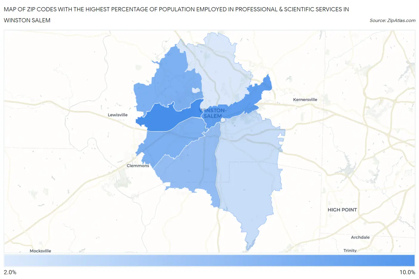 Zip Codes with the Highest Percentage of Population Employed in Professional & Scientific Services in Winston Salem Map