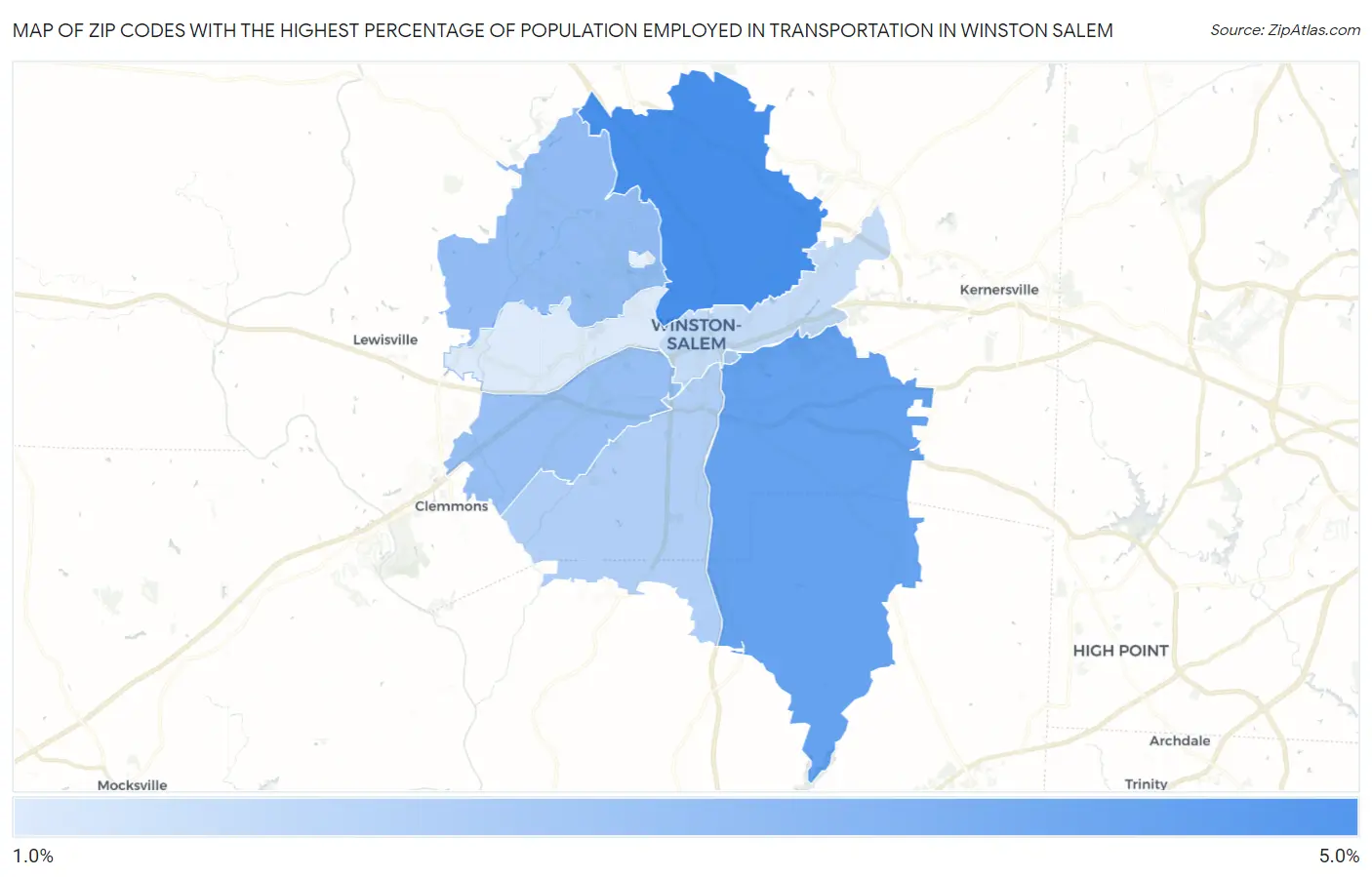 Zip Codes with the Highest Percentage of Population Employed in Transportation in Winston Salem Map
