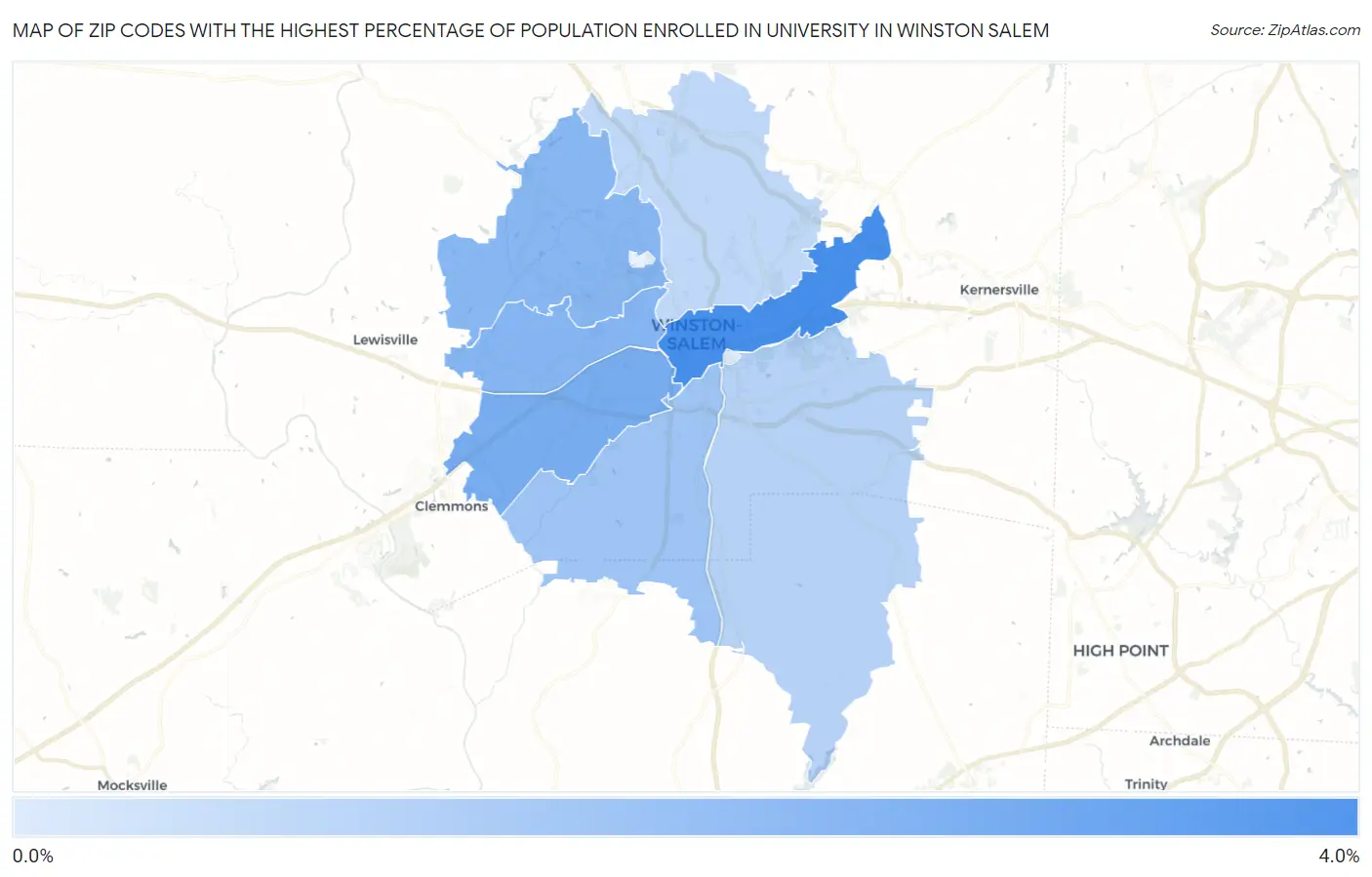 Zip Codes with the Highest Percentage of Population Enrolled in University in Winston Salem Map