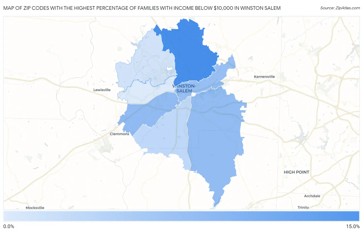 Zip Codes with the Highest Percentage of Families with Income Below $10,000 in Winston Salem Map