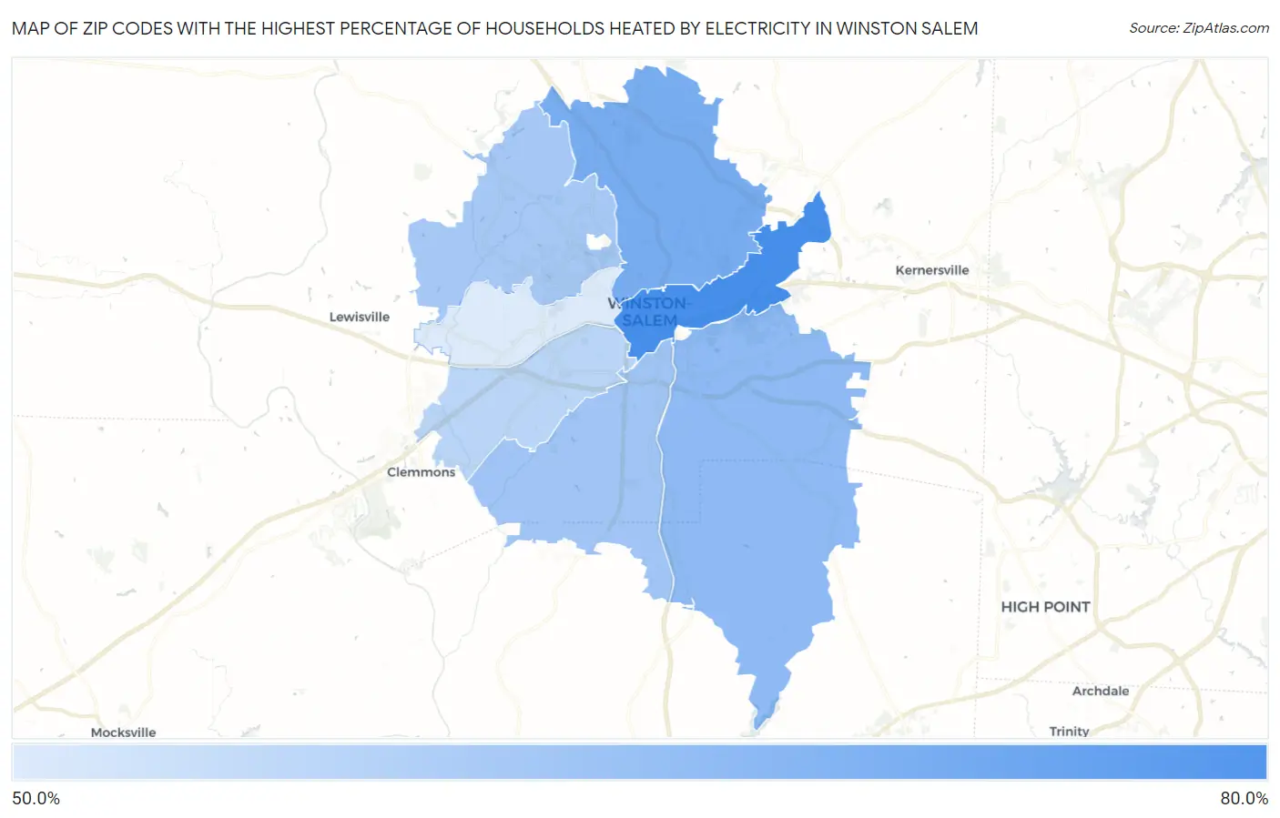 Zip Codes with the Highest Percentage of Households Heated by Electricity in Winston Salem Map