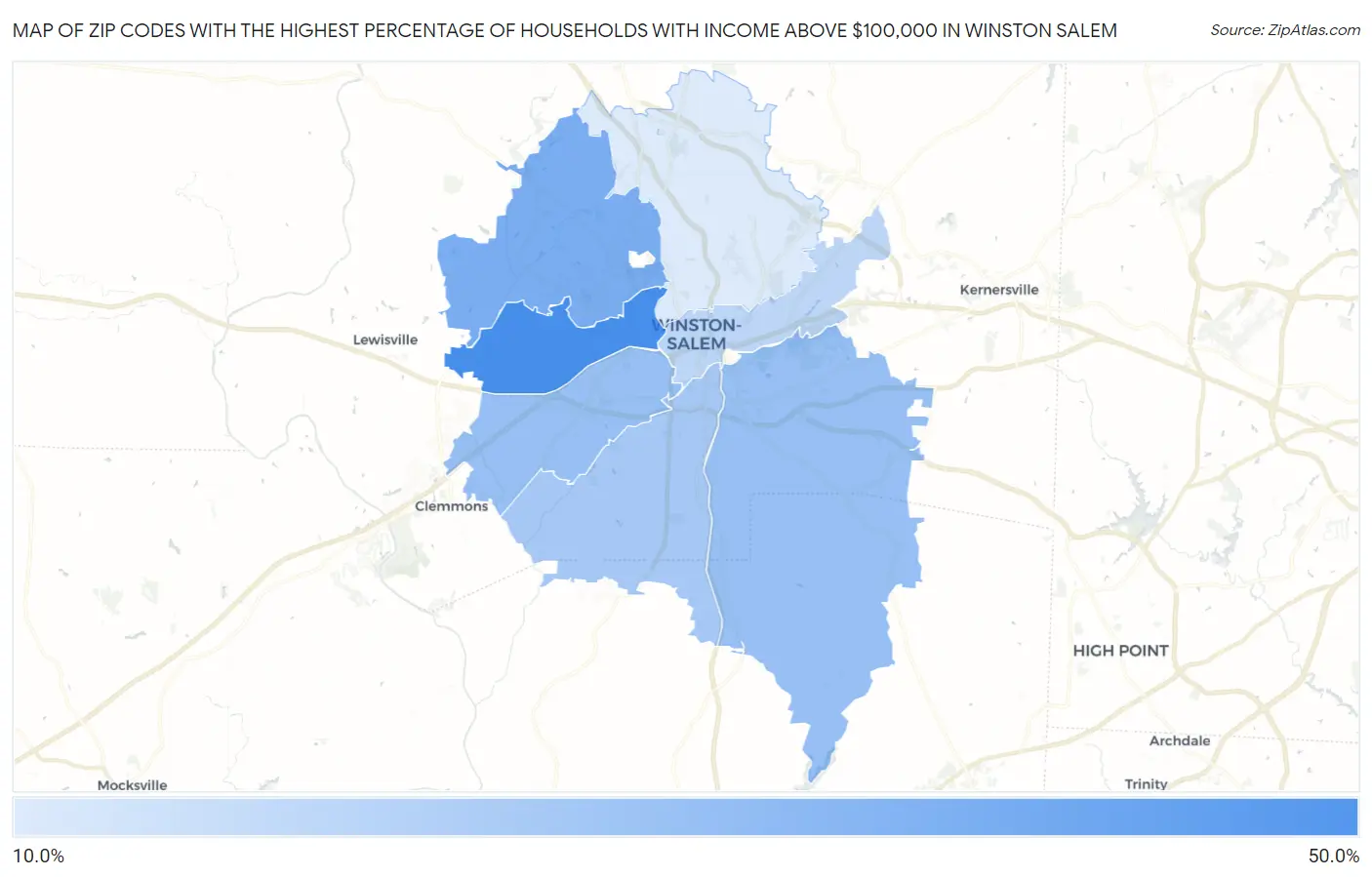 Zip Codes with the Highest Percentage of Households with Income Above $100,000 in Winston Salem Map