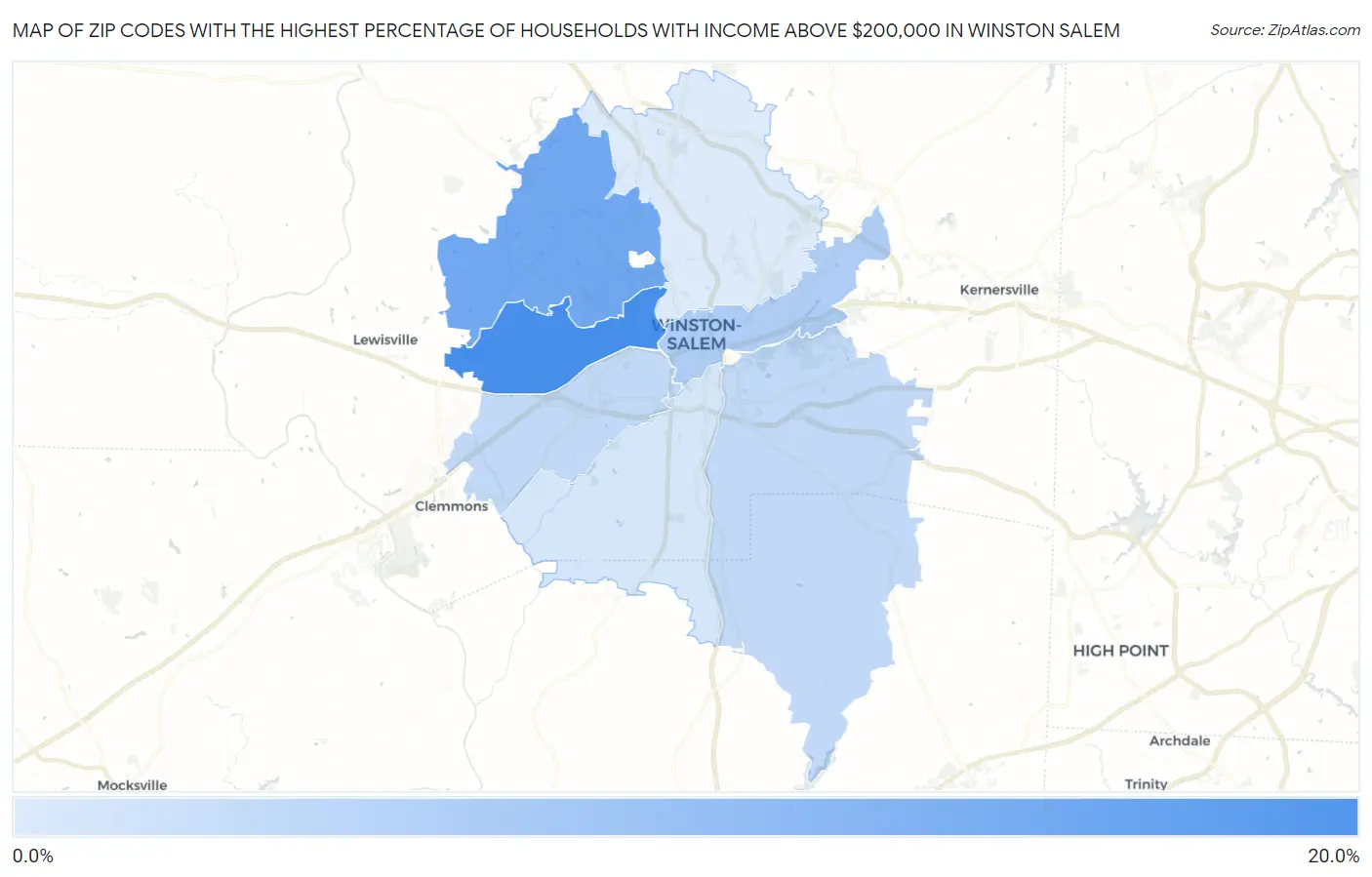 Zip Codes with the Highest Percentage of Households with Income Above $200,000 in Winston Salem Map
