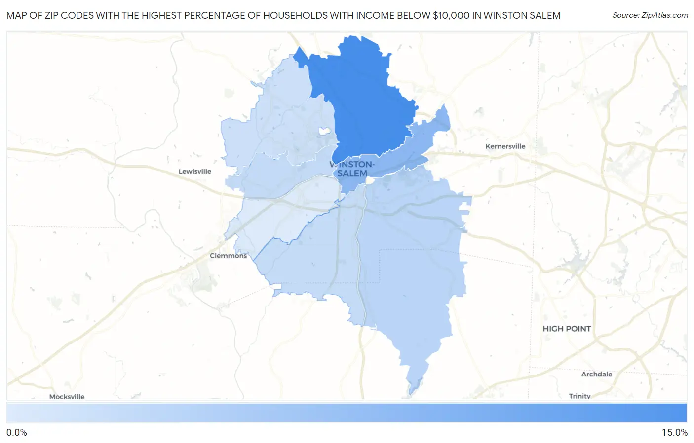 Zip Codes with the Highest Percentage of Households with Income Below $10,000 in Winston Salem Map