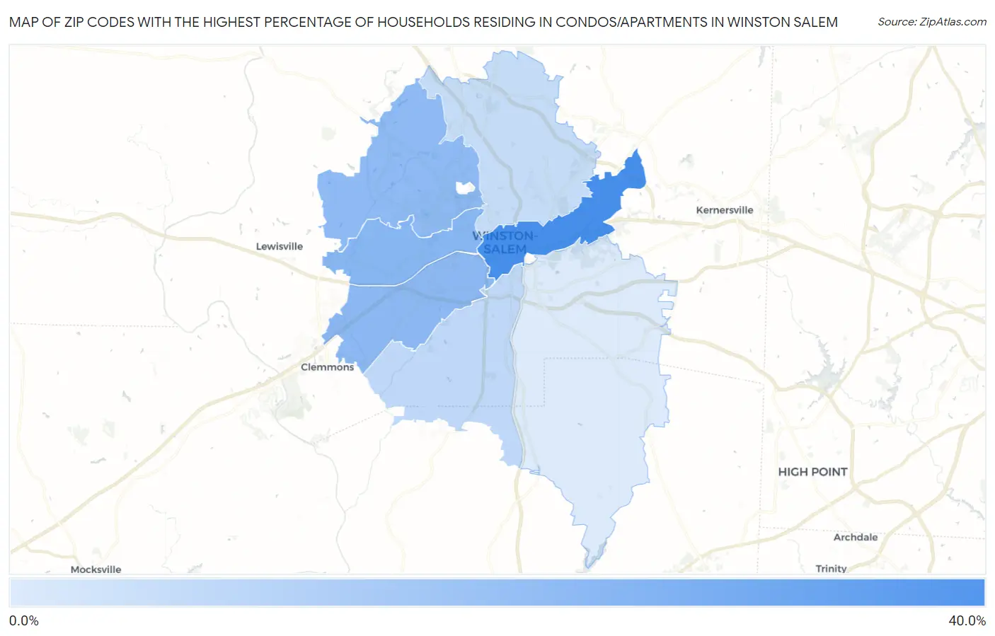 Zip Codes with the Highest Percentage of Households Residing in Condos/Apartments in Winston Salem Map
