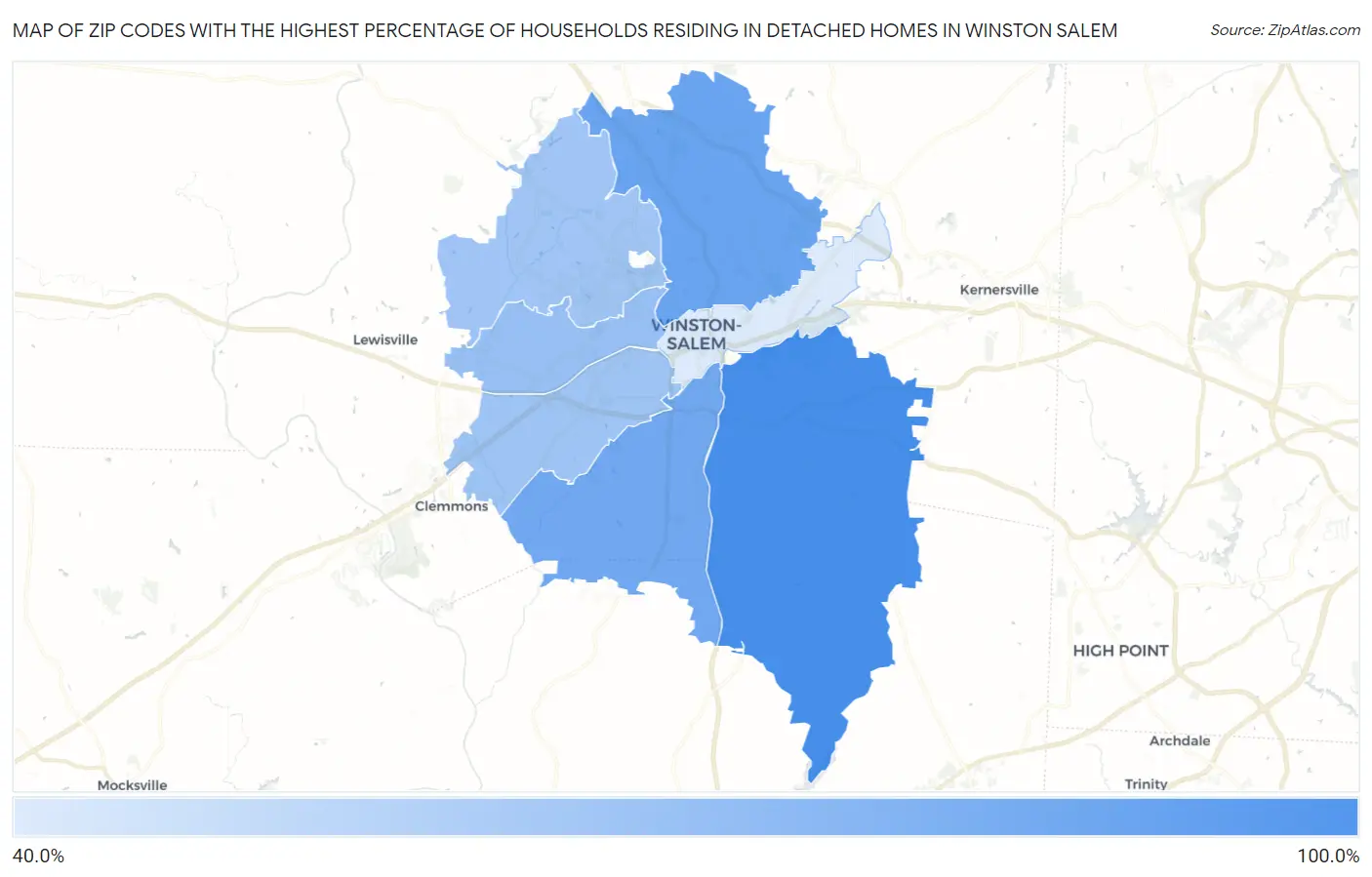Zip Codes with the Highest Percentage of Households Residing in Detached Homes in Winston Salem Map