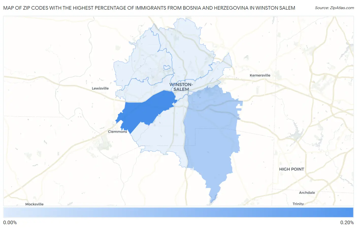 Zip Codes with the Highest Percentage of Immigrants from Bosnia and Herzegovina in Winston Salem Map