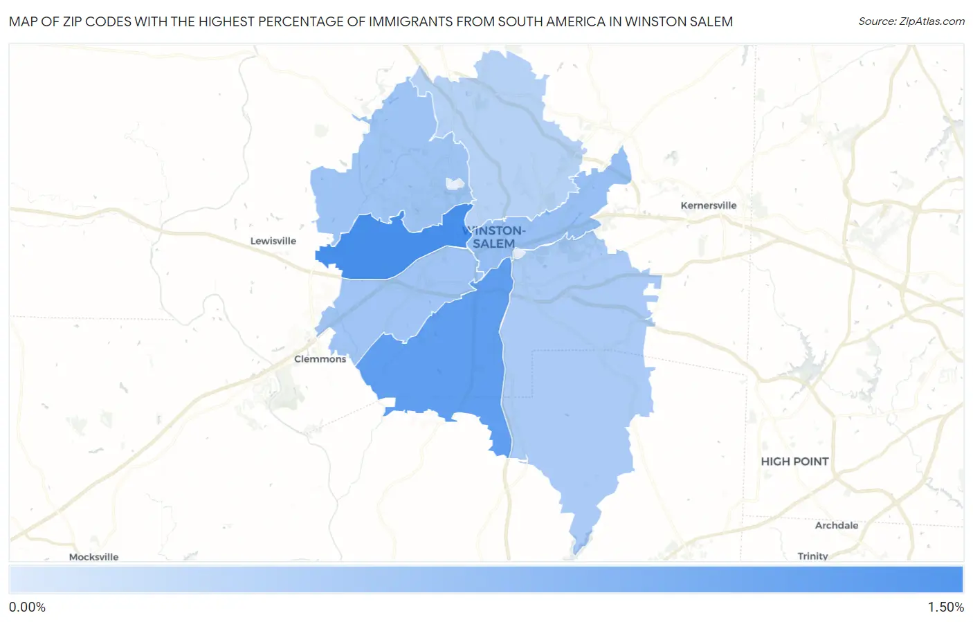 Zip Codes with the Highest Percentage of Immigrants from South America in Winston Salem Map