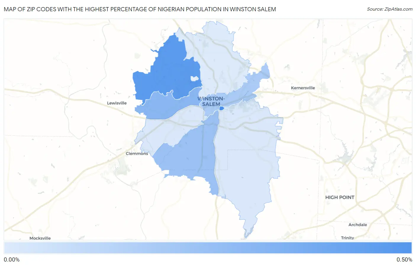 Zip Codes with the Highest Percentage of Nigerian Population in Winston Salem Map