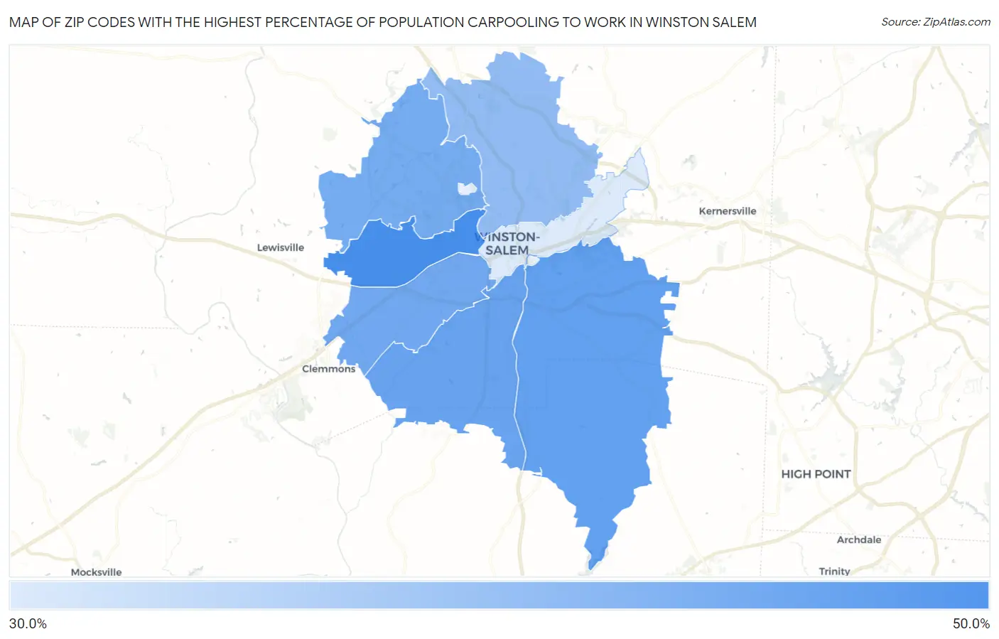 Zip Codes with the Highest Percentage of Population Carpooling to Work in Winston Salem Map