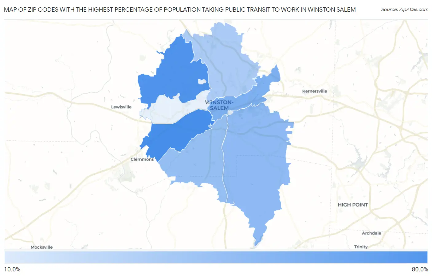 Zip Codes with the Highest Percentage of Population Taking Public Transit to Work in Winston Salem Map