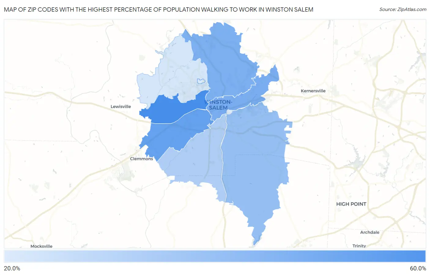 Zip Codes with the Highest Percentage of Population Walking to Work in Winston Salem Map