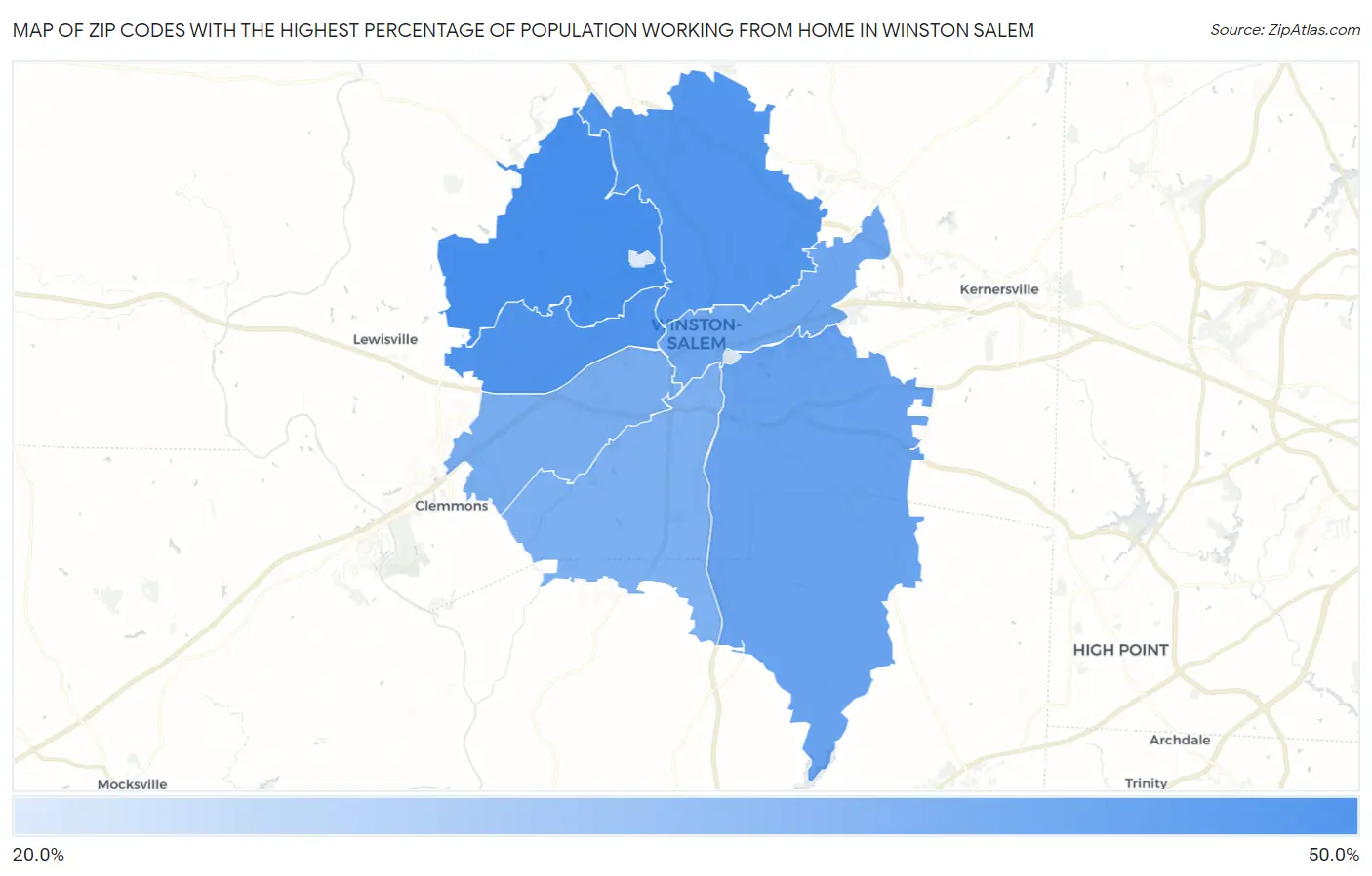 Zip Codes with the Highest Percentage of Population Working from Home in Winston Salem Map
