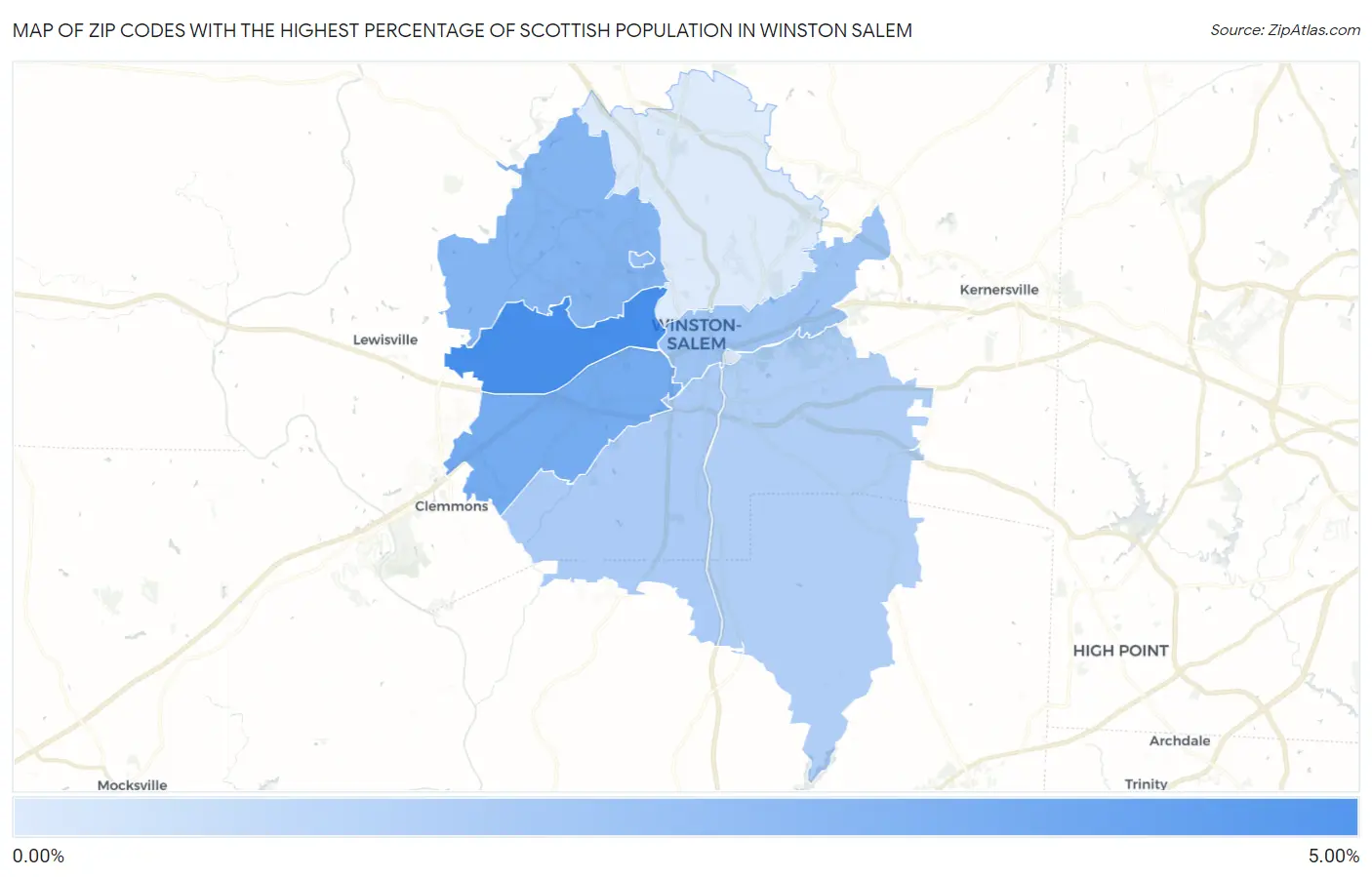 Zip Codes with the Highest Percentage of Scottish Population in Winston Salem Map