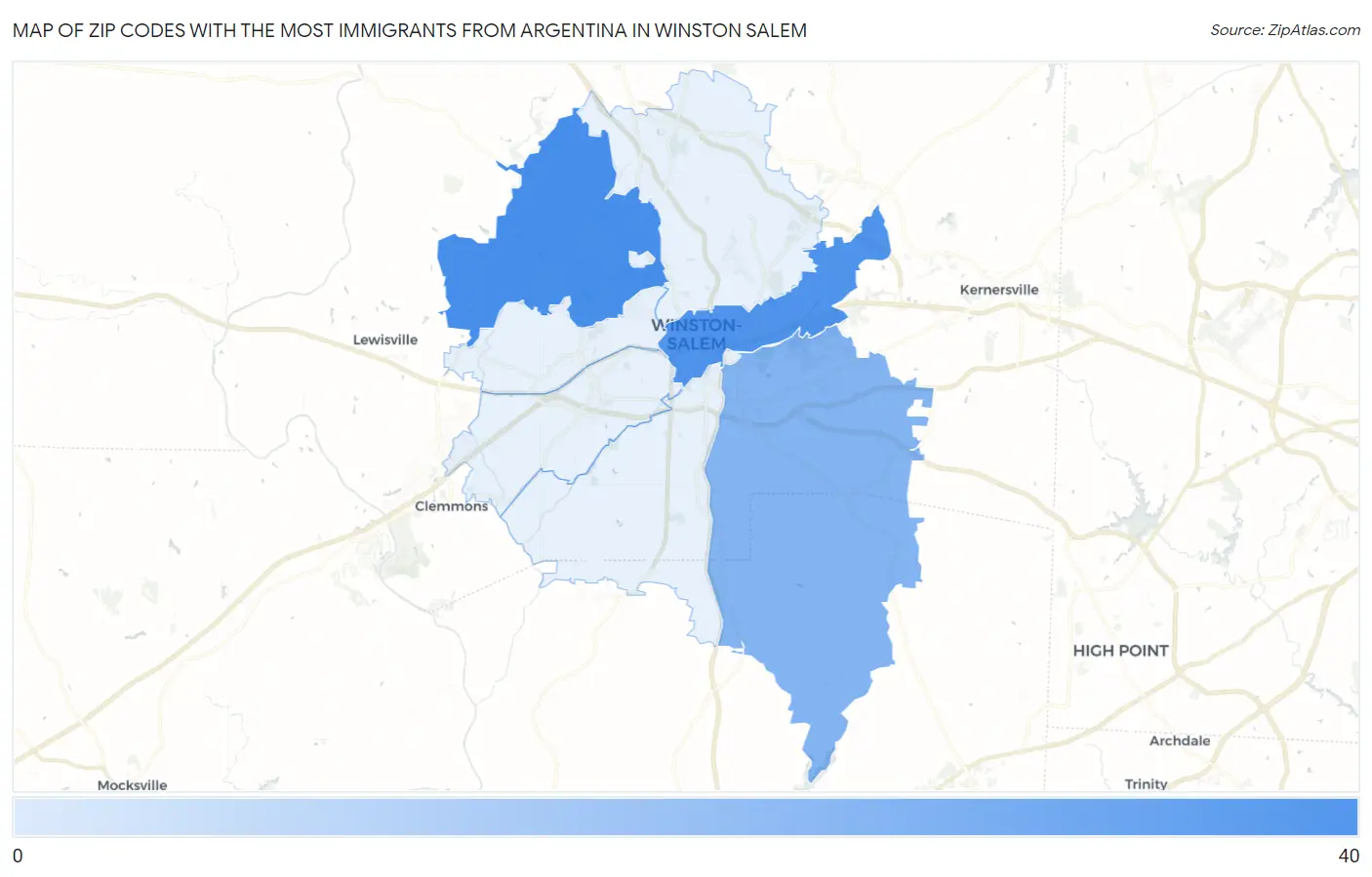 Zip Codes with the Most Immigrants from Argentina in Winston Salem Map