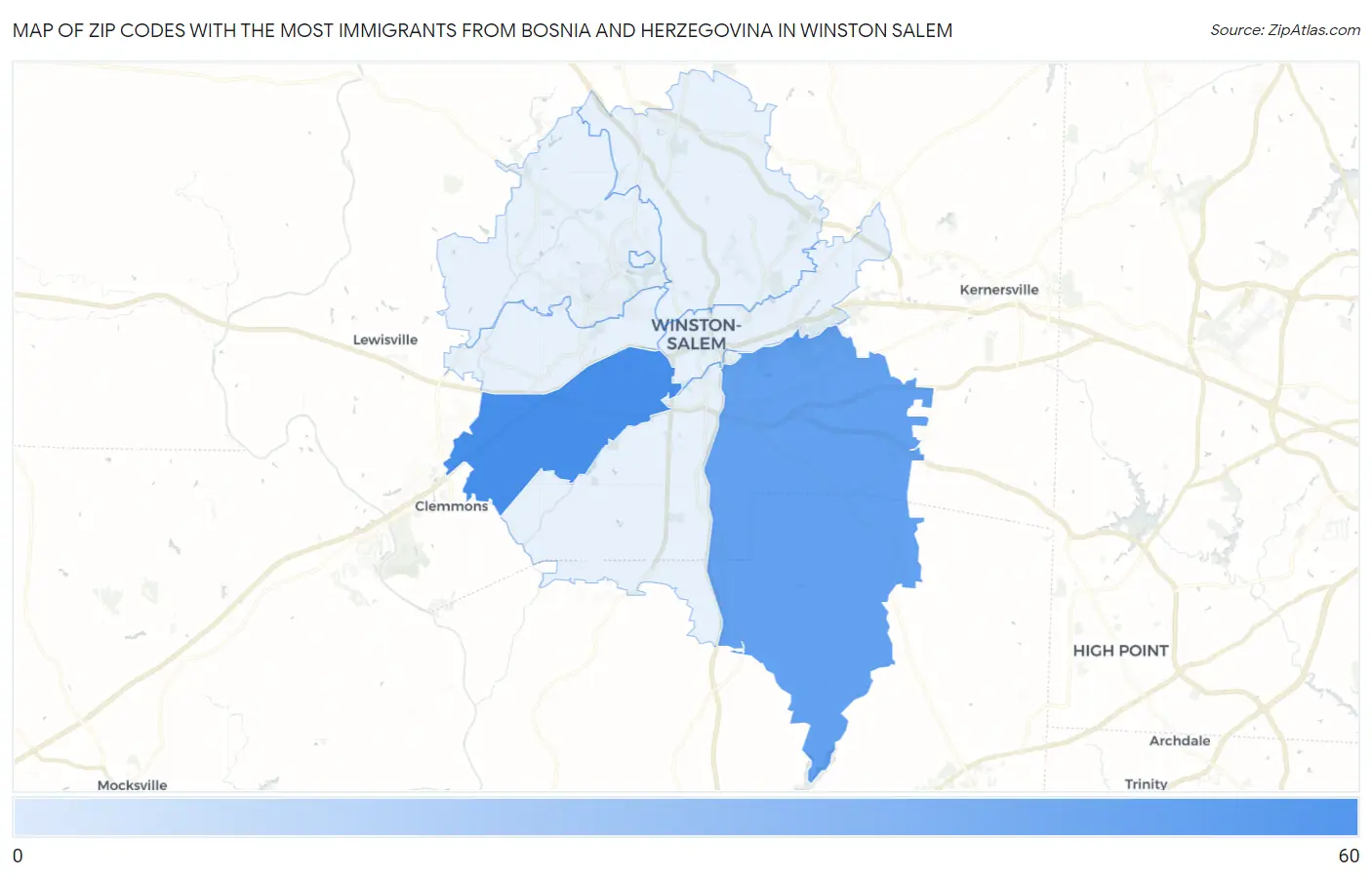 Zip Codes with the Most Immigrants from Bosnia and Herzegovina in Winston Salem Map