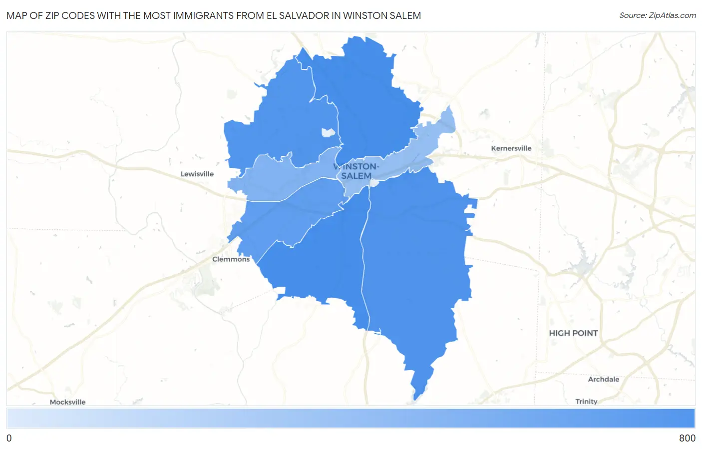 Zip Codes with the Most Immigrants from El Salvador in Winston Salem Map
