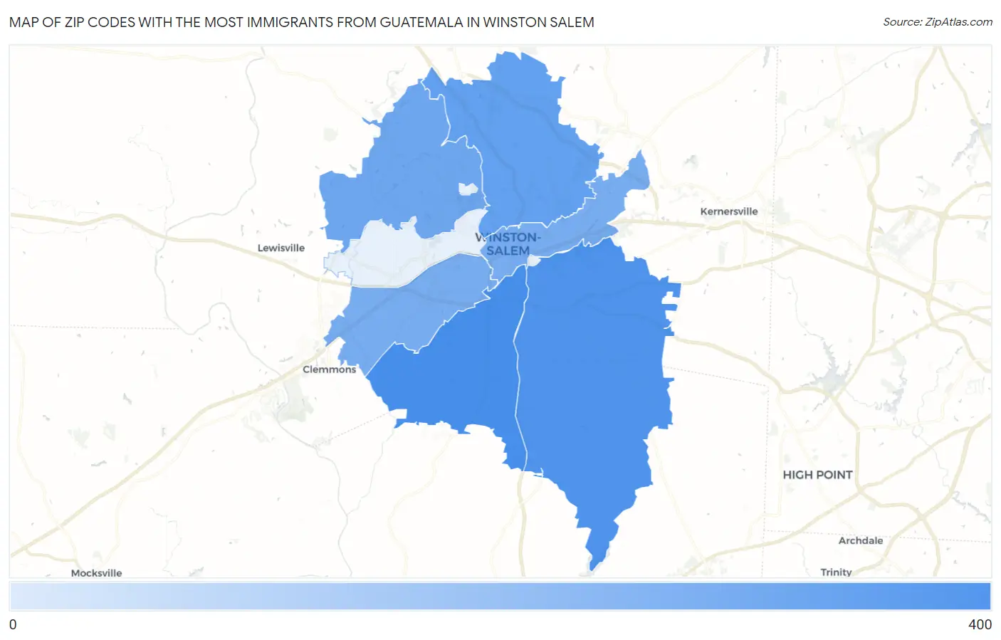 Zip Codes with the Most Immigrants from Guatemala in Winston Salem Map