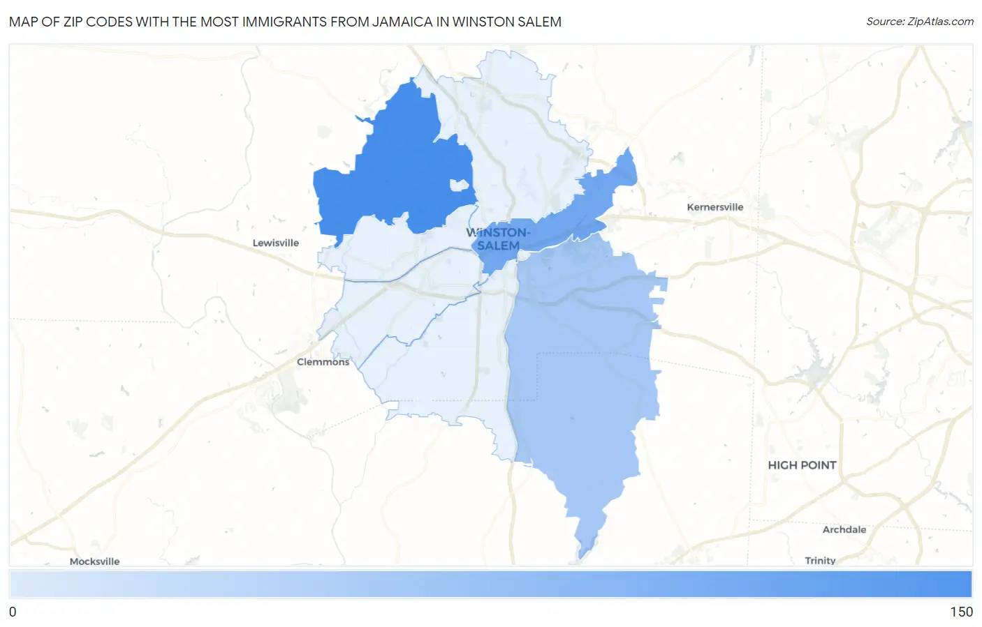 Zip Codes with the Most Immigrants from Jamaica in Winston Salem Map
