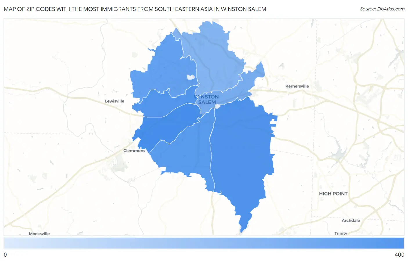 Zip Codes with the Most Immigrants from South Eastern Asia in Winston Salem Map