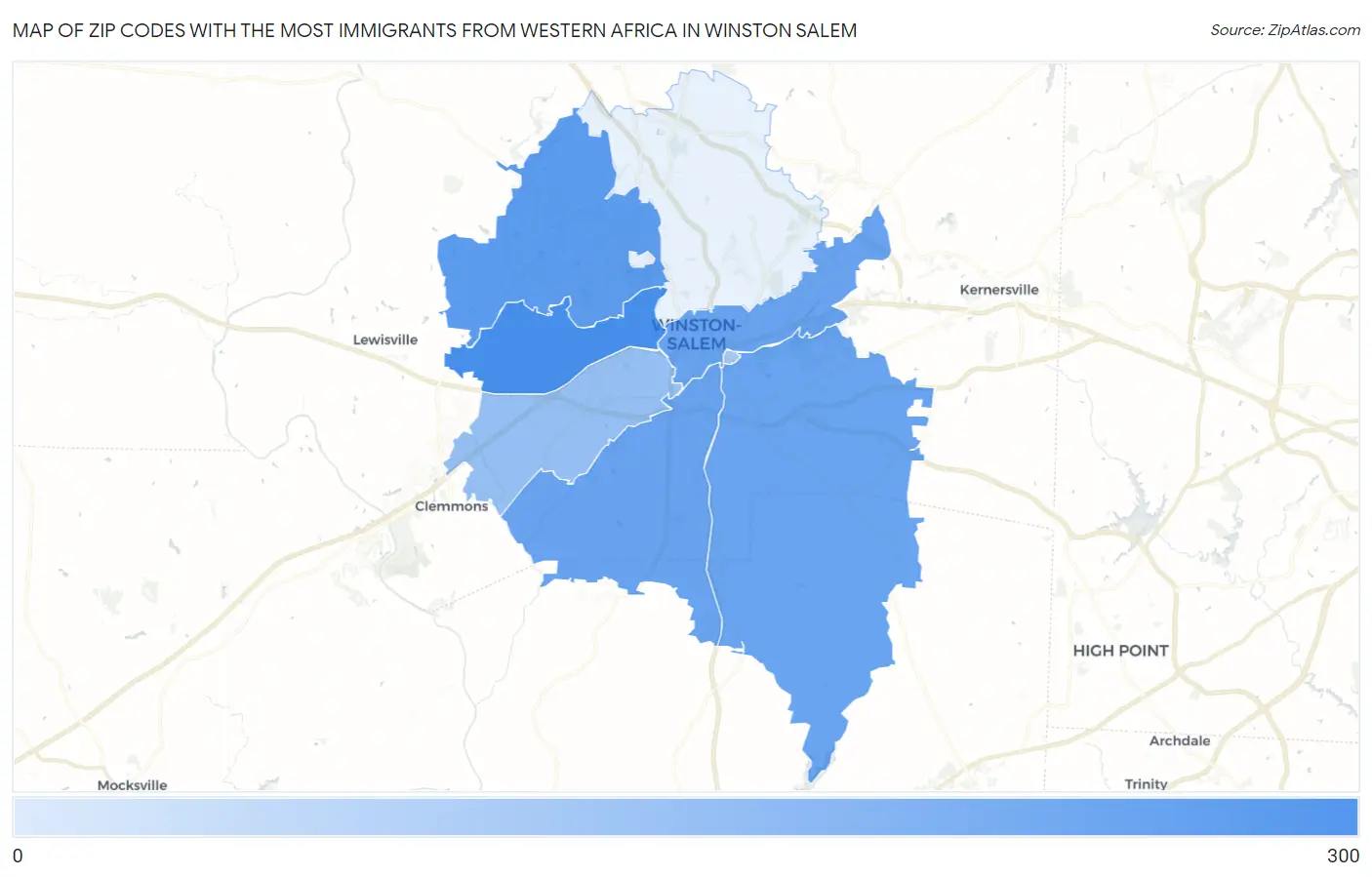 Zip Codes with the Most Immigrants from Western Africa in Winston Salem Map