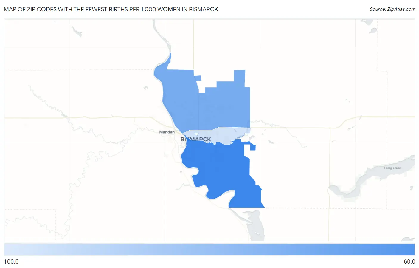 Zip Codes with the Fewest Births per 1,000 Women in Bismarck Map