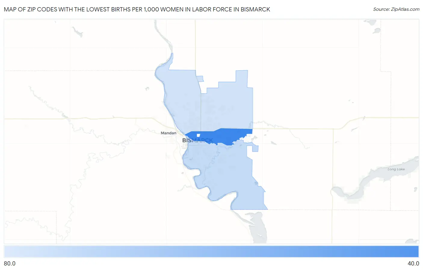Zip Codes with the Lowest Births per 1,000 Women in Labor Force in Bismarck Map