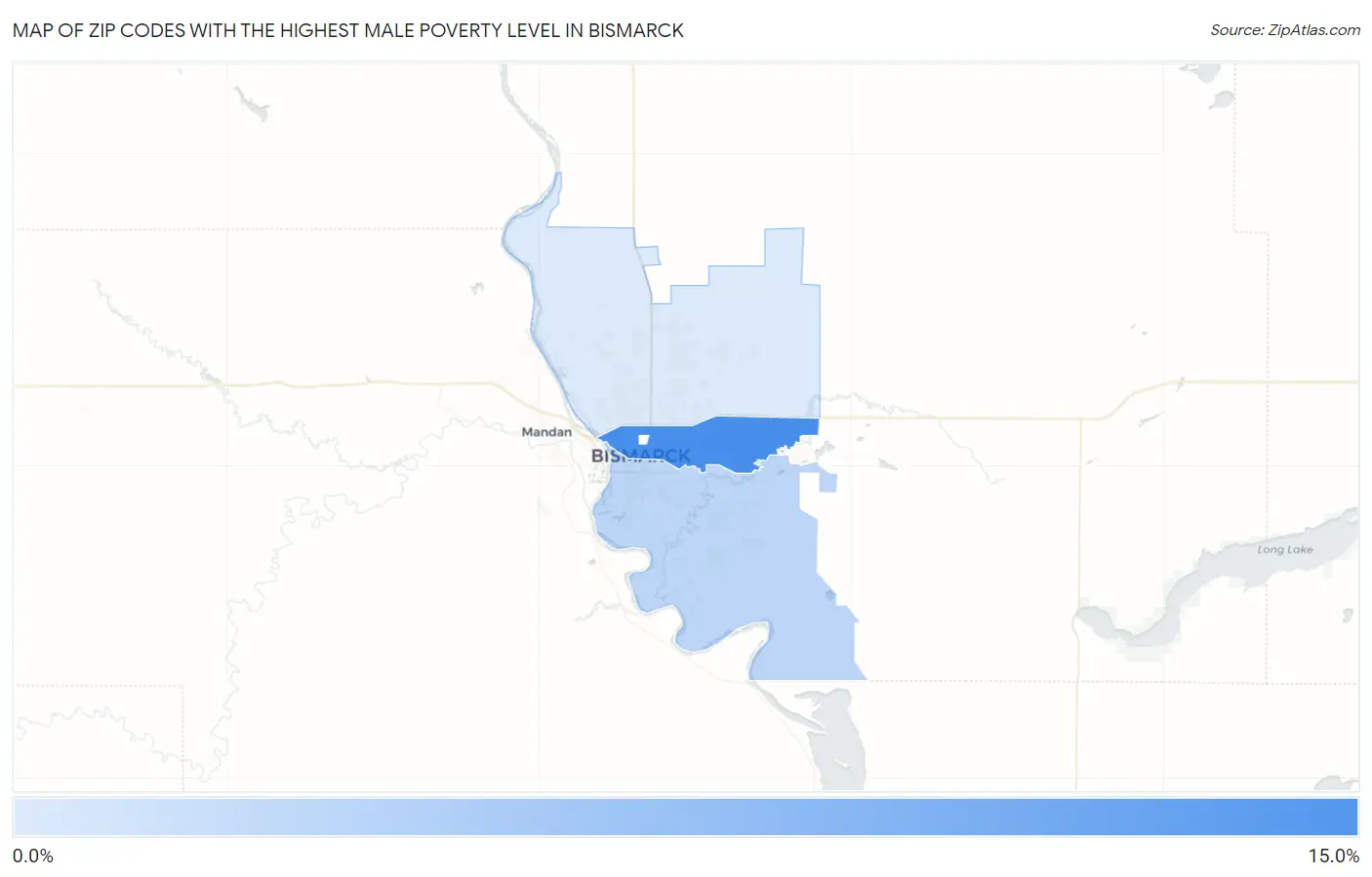 Zip Codes with the Highest Male Poverty Level in Bismarck Map