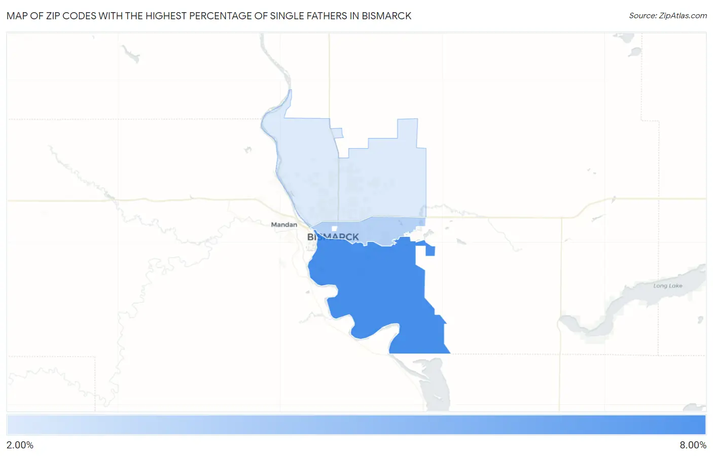 Zip Codes with the Highest Percentage of Single Fathers in Bismarck Map