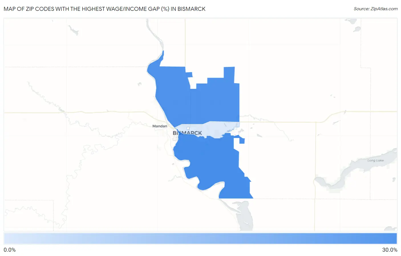 Zip Codes with the Highest Wage/Income Gap (%) in Bismarck Map