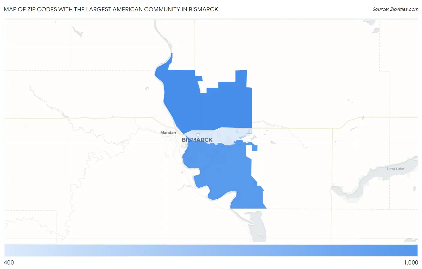 Zip Codes with the Largest American Community in Bismarck Map