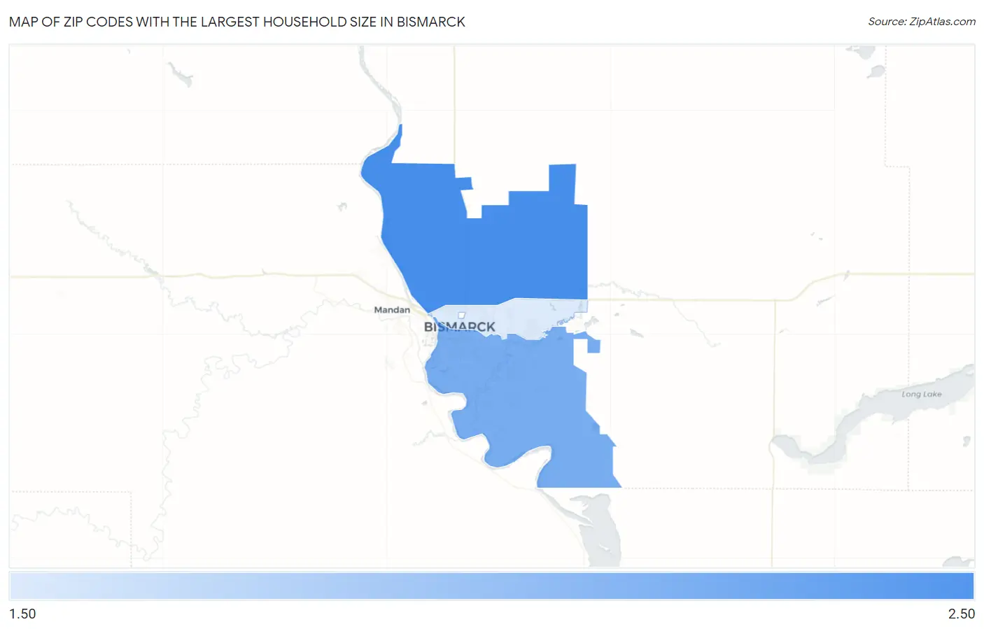 Zip Codes with the Largest Household Size in Bismarck Map