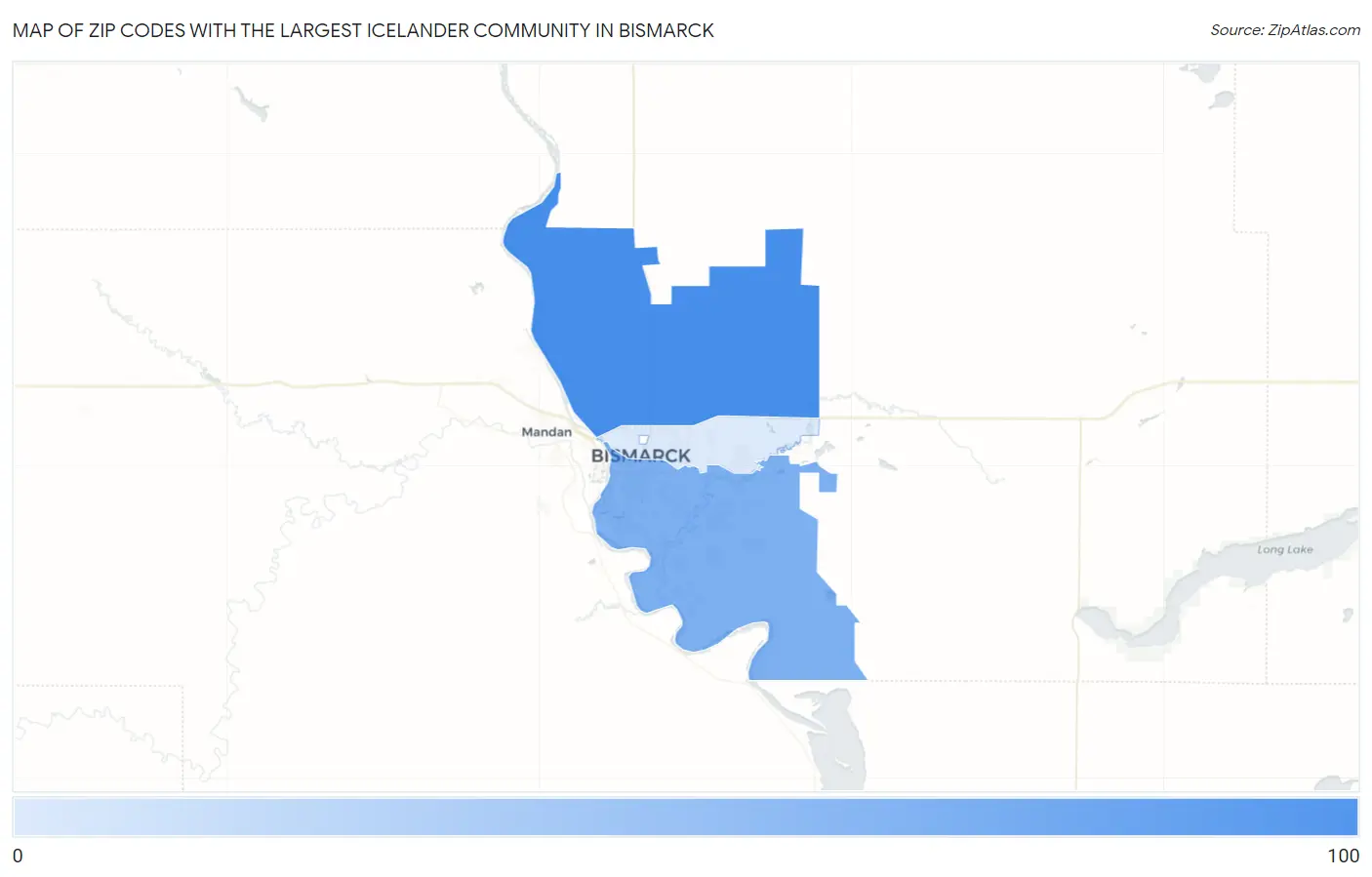 Zip Codes with the Largest Icelander Community in Bismarck Map