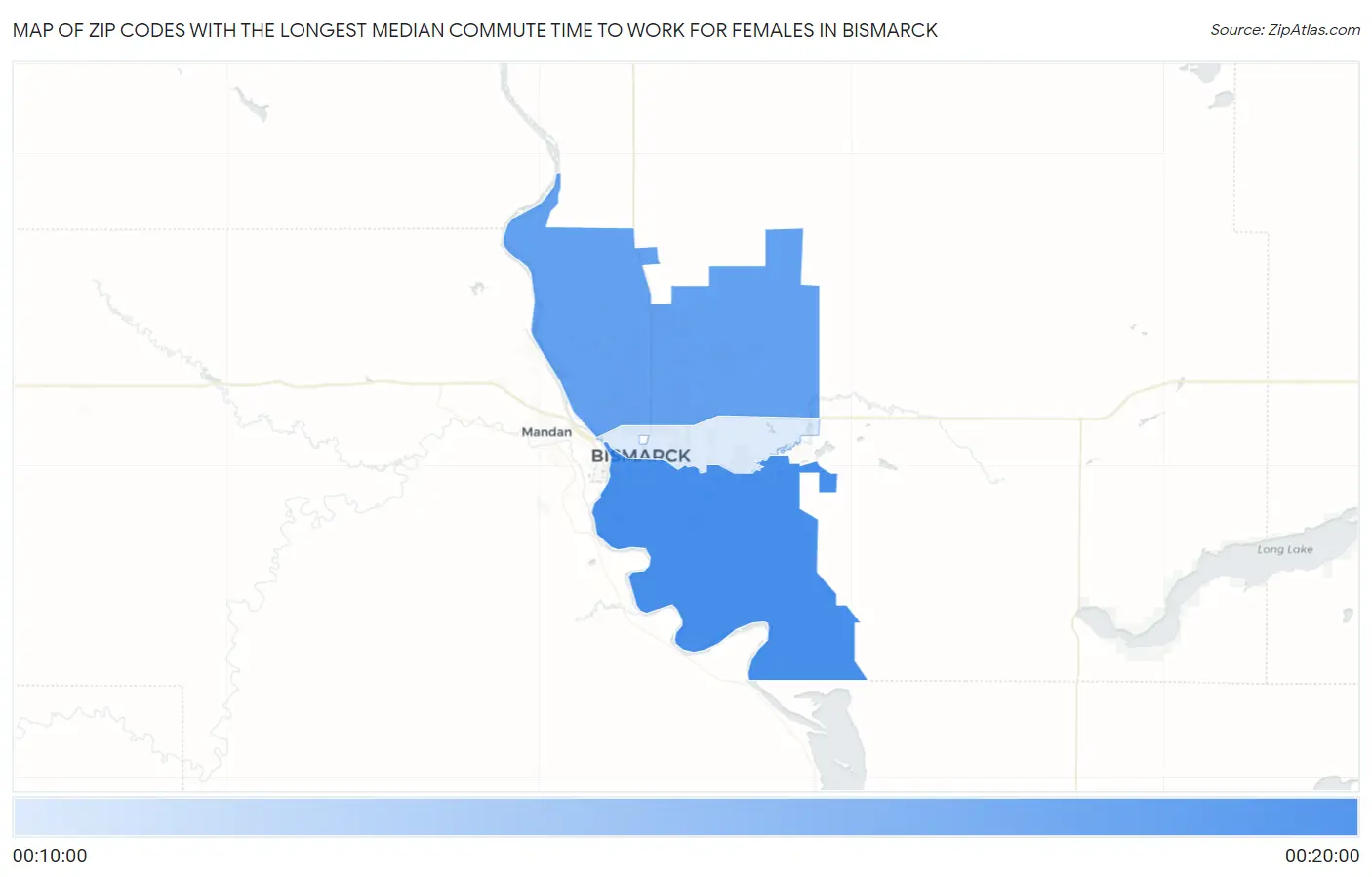 Zip Codes with the Longest Median Commute Time to Work for Females in Bismarck Map