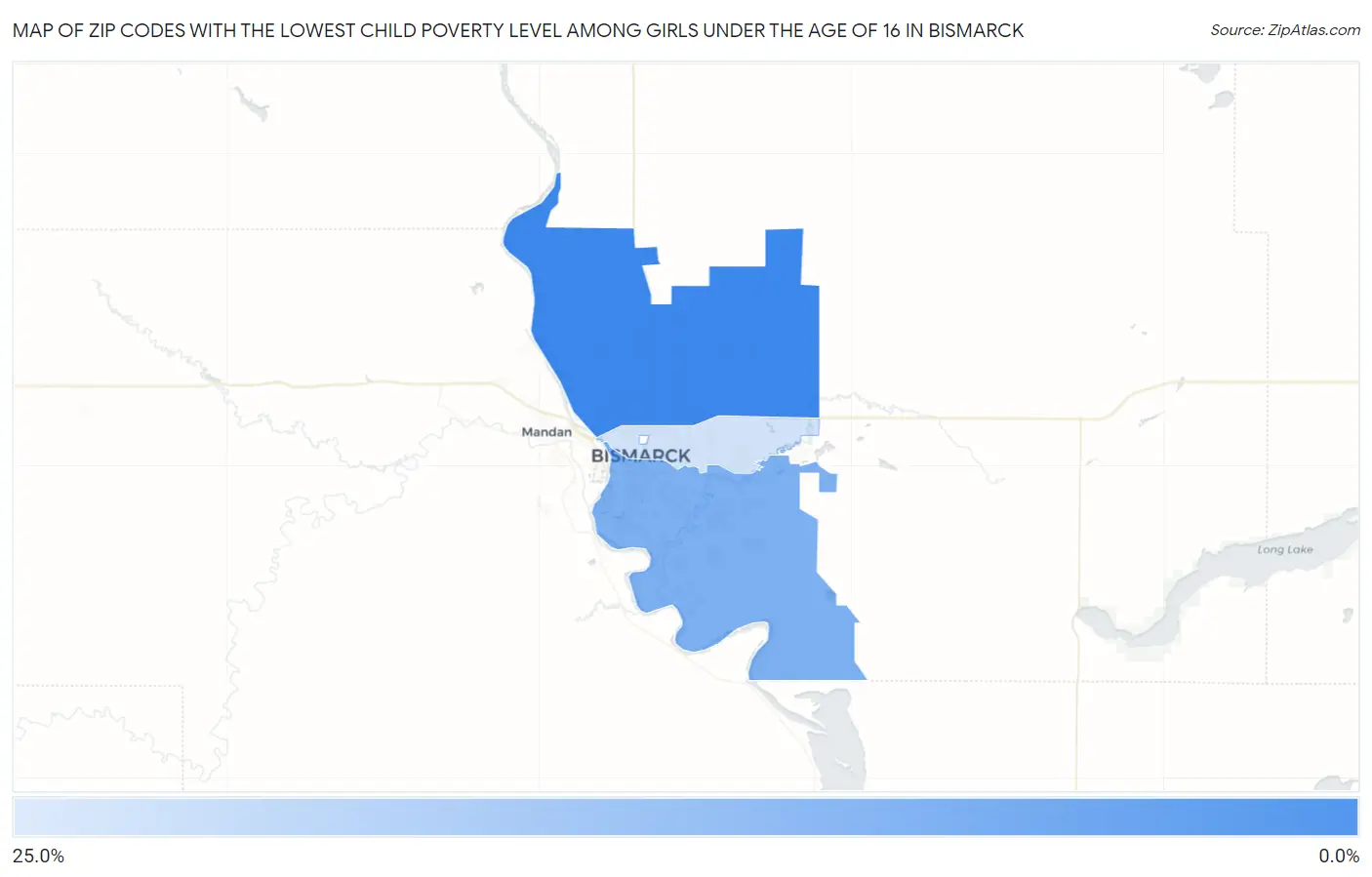 Zip Codes with the Lowest Child Poverty Level Among Girls Under the Age of 16 in Bismarck Map
