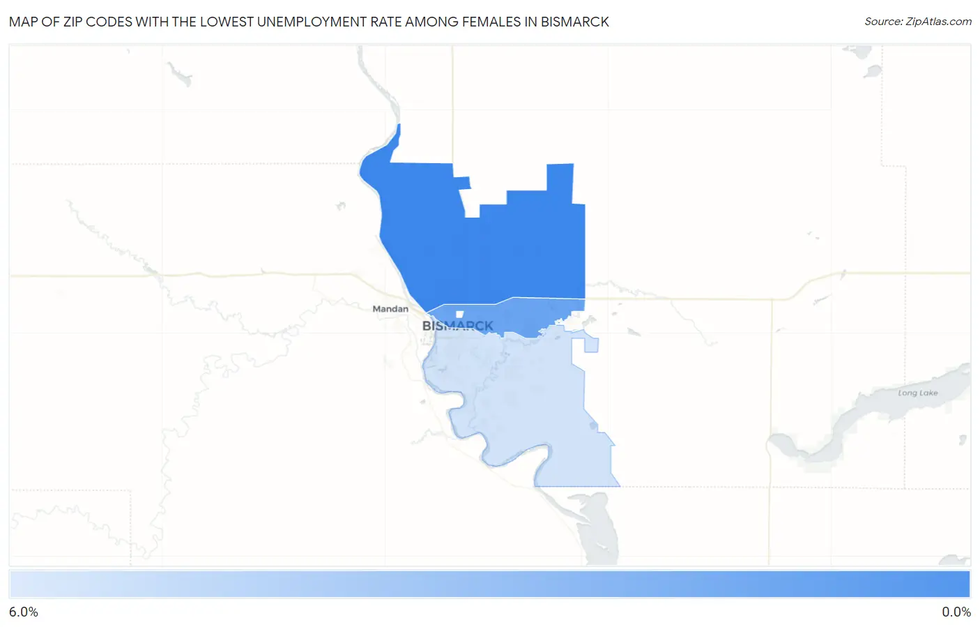 Zip Codes with the Lowest Unemployment Rate Among Females in Bismarck Map