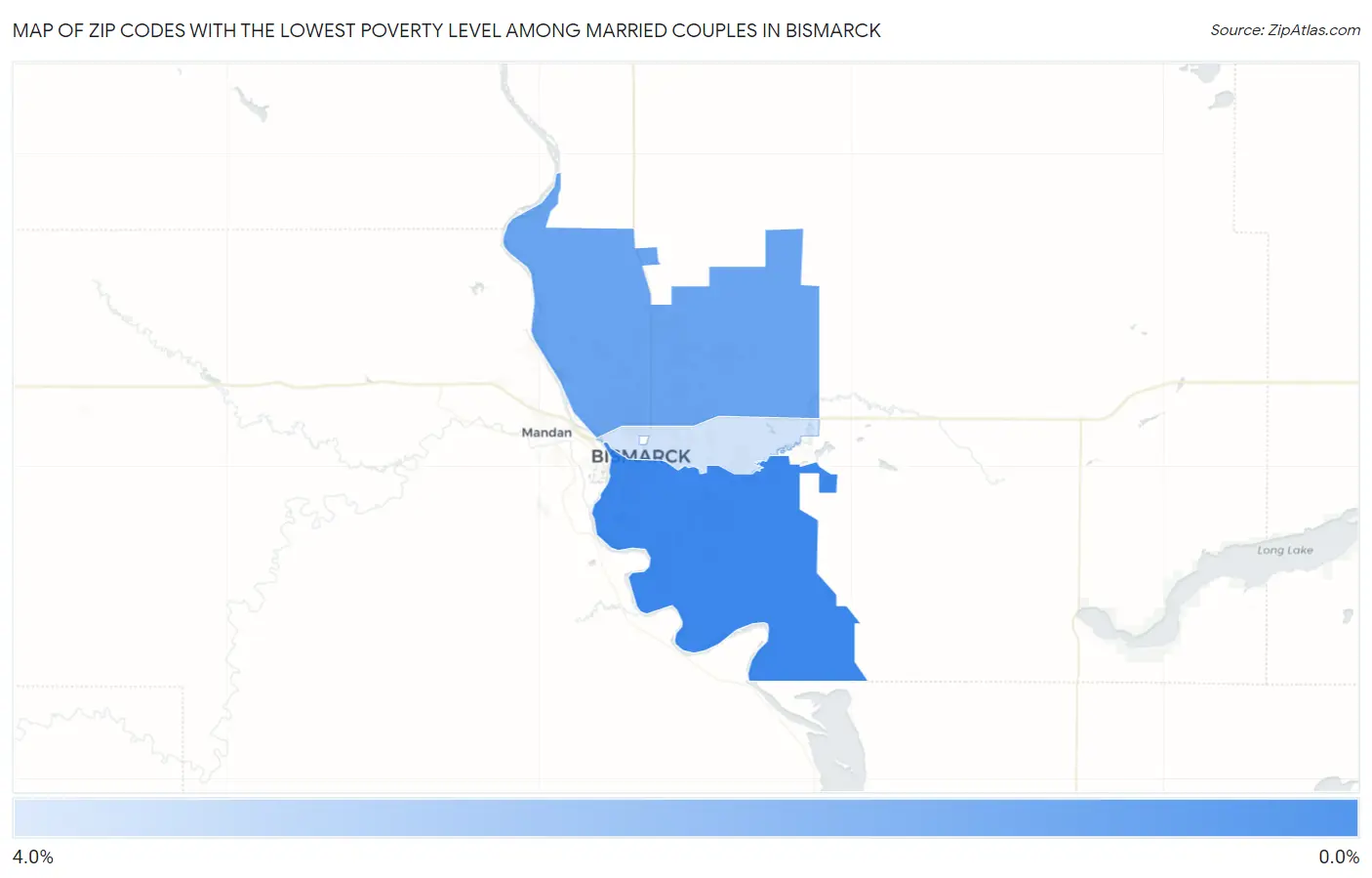 Zip Codes with the Lowest Poverty Level Among Married Couples in Bismarck Map