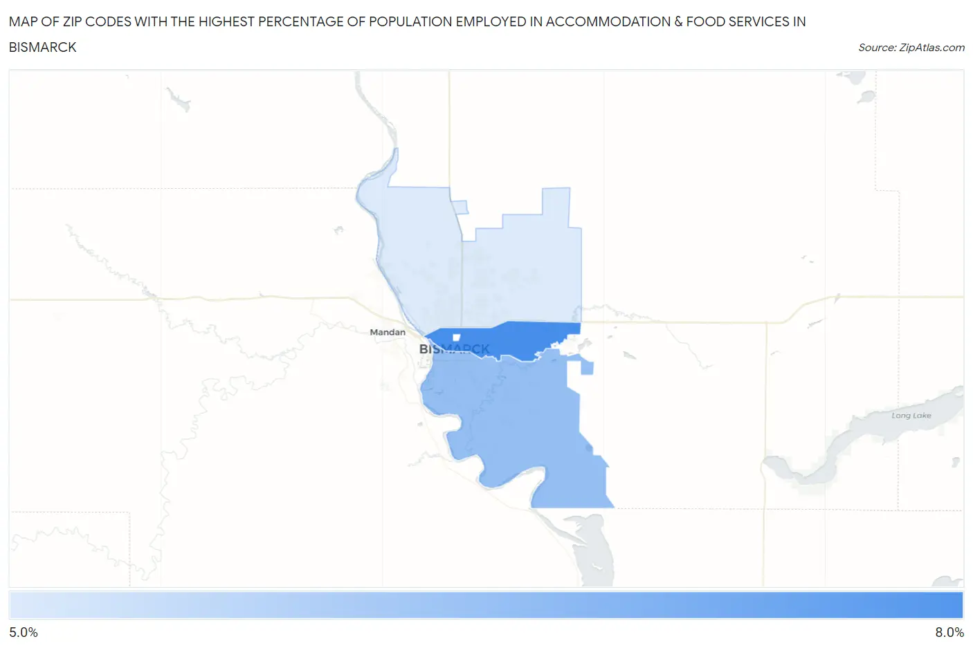 Zip Codes with the Highest Percentage of Population Employed in Accommodation & Food Services in Bismarck Map